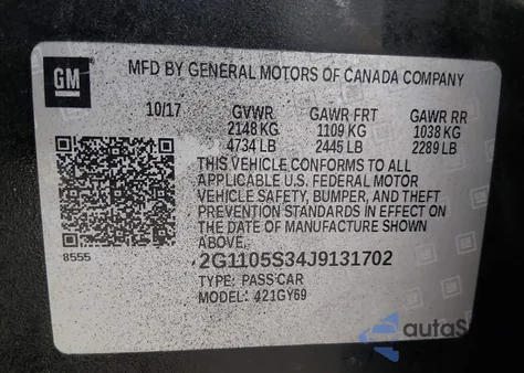 2018 Chevrolet Impala 1Lt из США, поврежденный, VIN 2G1105S34J9131702